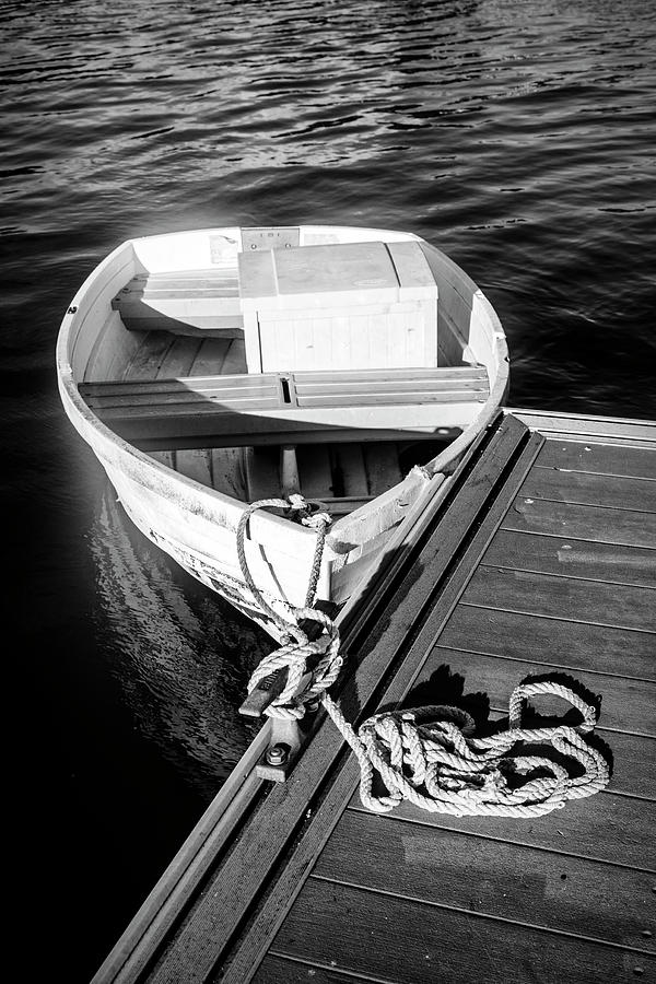 White Rowboat at the Docks in Black and White Photograph by Debra and Dave Vanderlaan