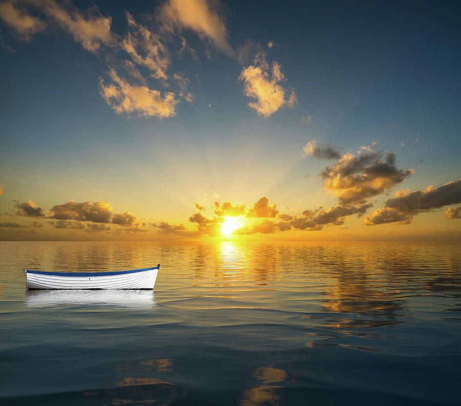 White rowing boat adrift on ocean Photograph by Steven Heap