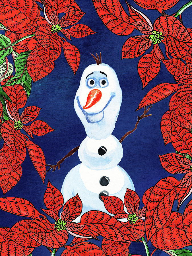 White Snowman Red Poinsettia Christmas Holiday Watercolor I Painting