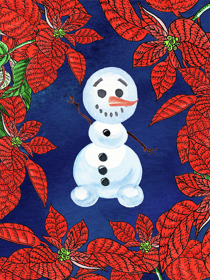 White Snowman Red Poinsettia Christmas Holiday Watercolor II Painting by Irina Sztukowski