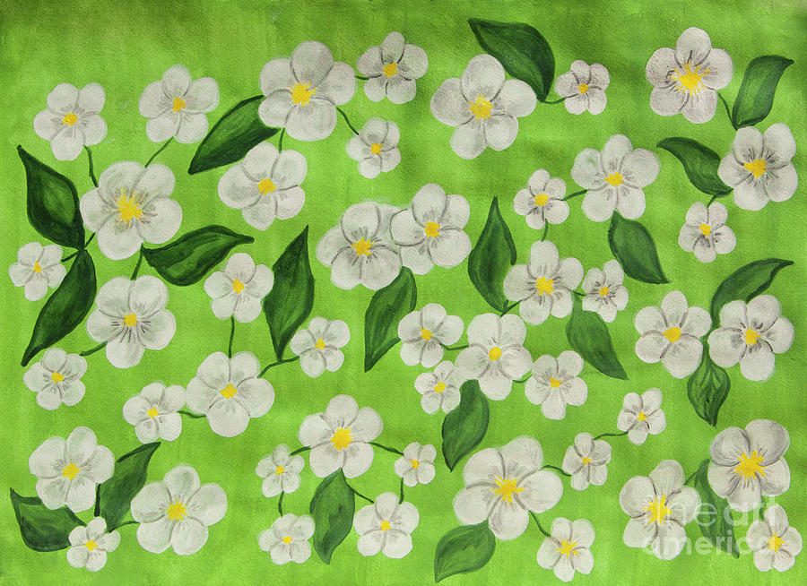 White spring flowers on light green background Painting by Irina Afonskaya