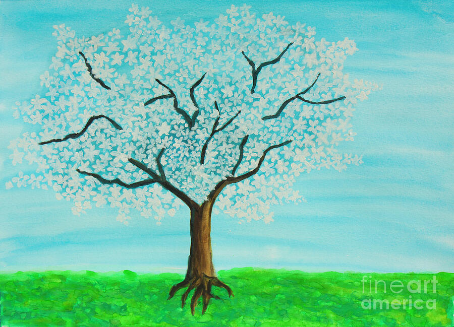 White spring tree in blossom on blue sky Painting by Irina Afonskaya