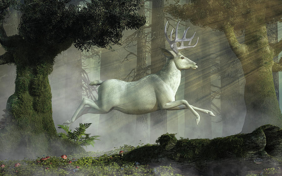 White Stag Running in the Forest Digital Art by Daniel Eskridge