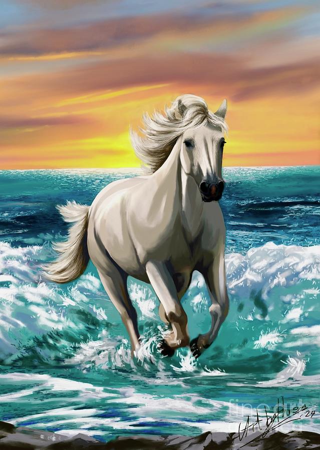 White Stallion In Sea Surf Digital Art by Art By Three Sarah Rebekah ...