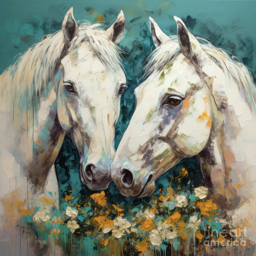 White Stallions Nuzzling Painting by Tina LeCour