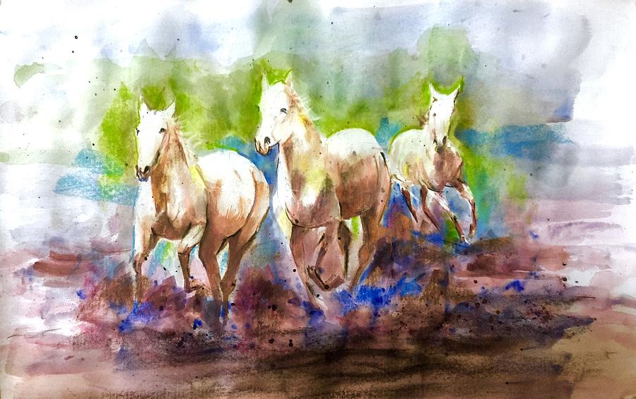 White stallions running Painting by Khalid Saeed