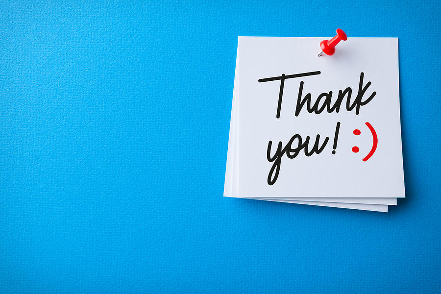 White Sticky Note With Thank You And Red Push Pin On Blue Background Photograph by Phototechno