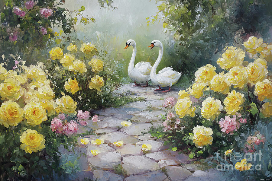 White Swans In Spring Painting by Tina LeCour White Swans In Spring Painting by Tina LeCour