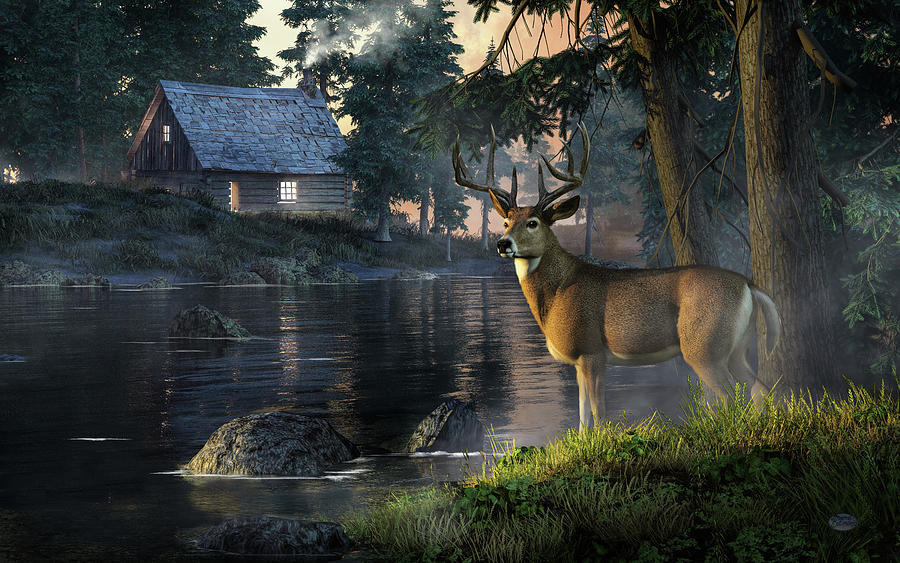 White-Tailed Deer and Log Cabin at Evening Digital Art by Daniel Eskridge