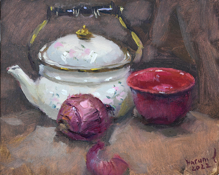 Onion Painting - White Teapot and Red Cup by Ylli Haruni