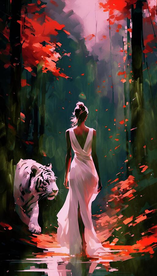Woman Digital Art - White Tigar by K S