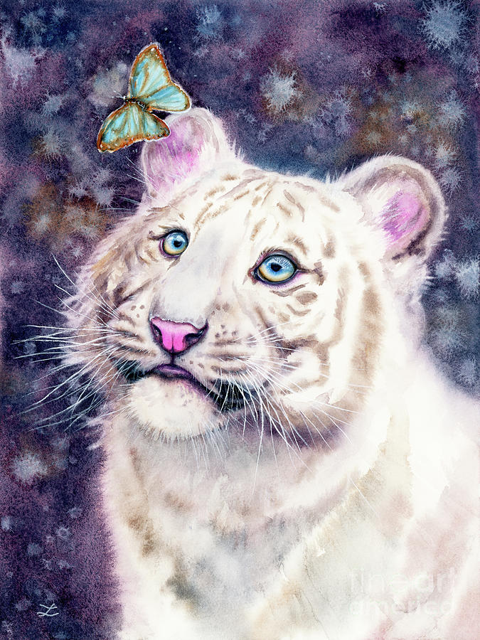 White Tiger Cub and Butterfly Painting by Zaira Dzhaubaeva