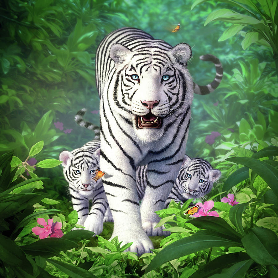 Jungle Digital Art - White Tigers 2 by Jerry LoFaro