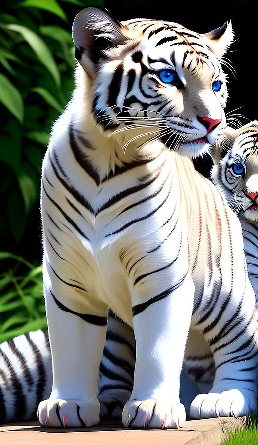 A I White Tigress and Cub 2 Digital Art by Denise F Fulmer