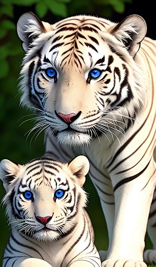A I White Tigress and Cub Digital Art by Denise F Fulmer