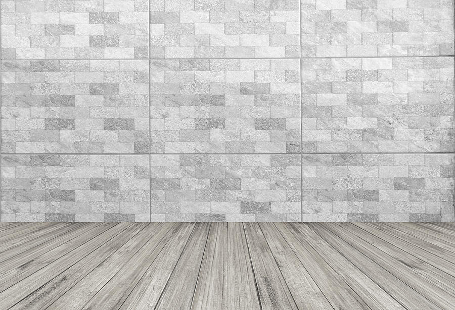 White tile background with wooden floor Photograph by Chaloemphan