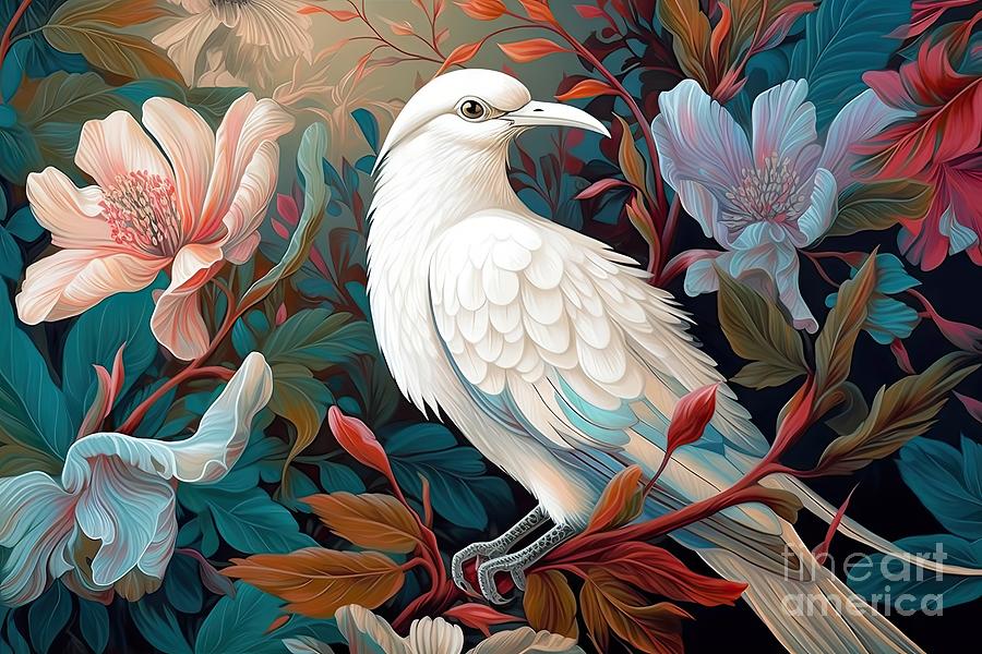 Nature Painting - White tropical bird on paradise floral background, digital illustration, fantasy colorful wallpaper,  by N Akkash