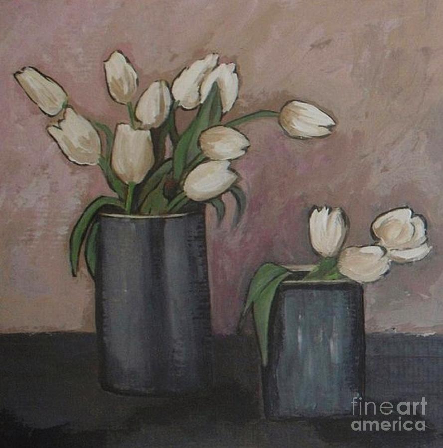 White tulips in grey vase Painting by Vesna Antic