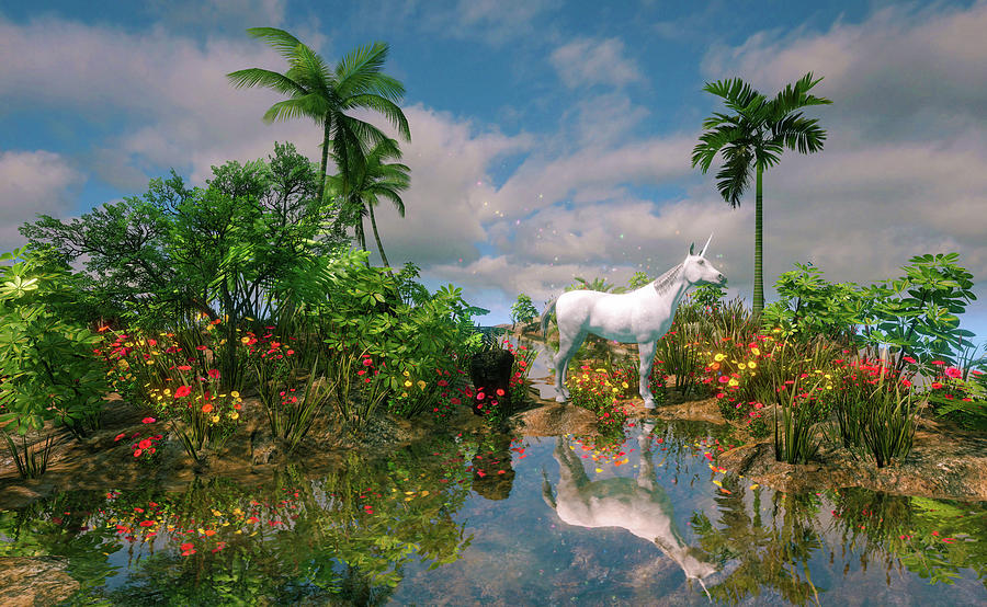 White Unicorn in Tropical Fantasy Landscape Digital Art by Matthias Hauser