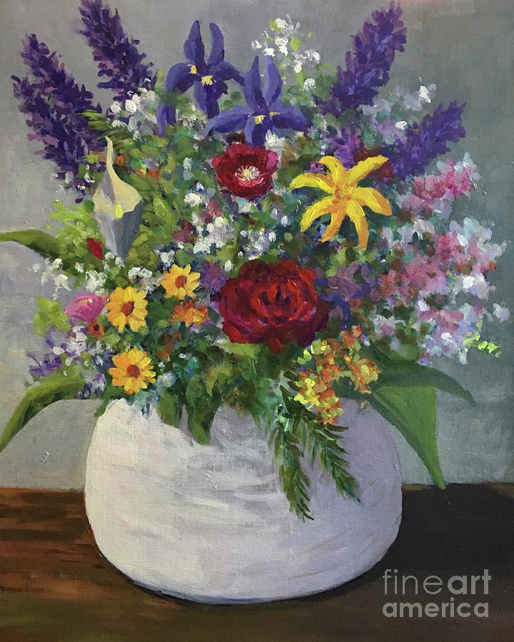 White Vase Bouquet Painting by Anne Marie Brown