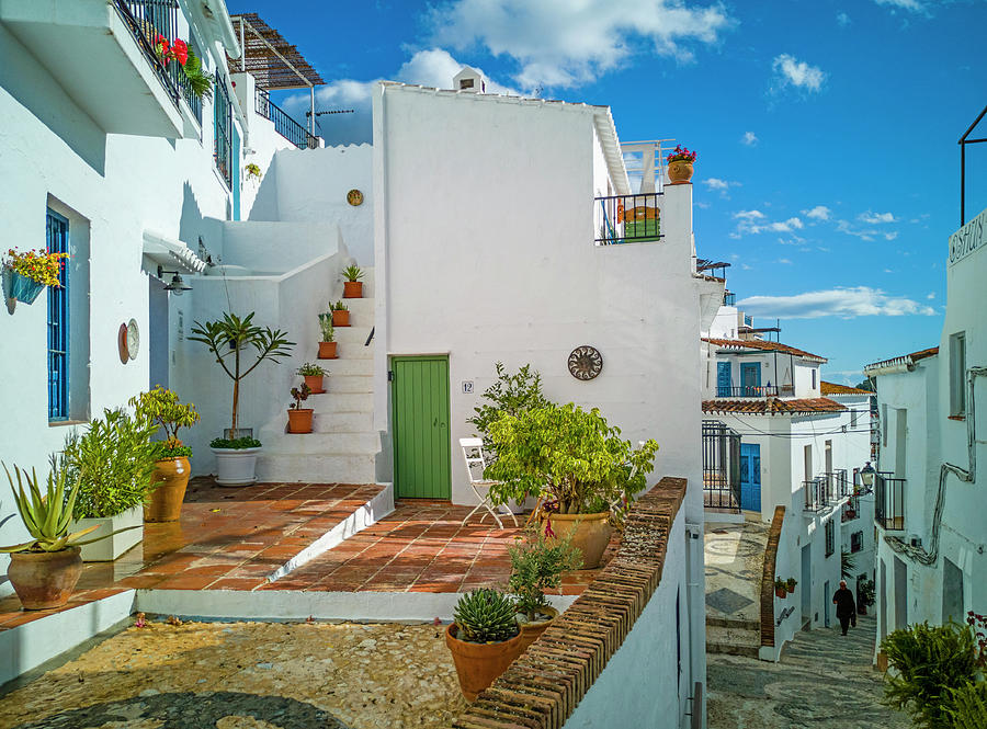 White washed houses lining a winding street, Frigiliana white village,  Malaga Province, Andalucia Photograph by Panoramic Images