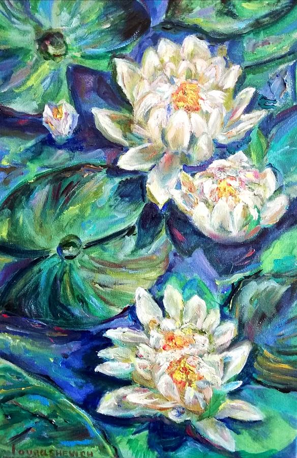 White Waterlilies Abstract  Painting by Katia Ricci