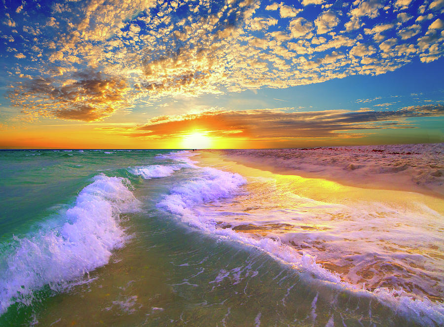 White Waves Swirling Vibrant Golden Sunset Photograph by Eszra Tanner