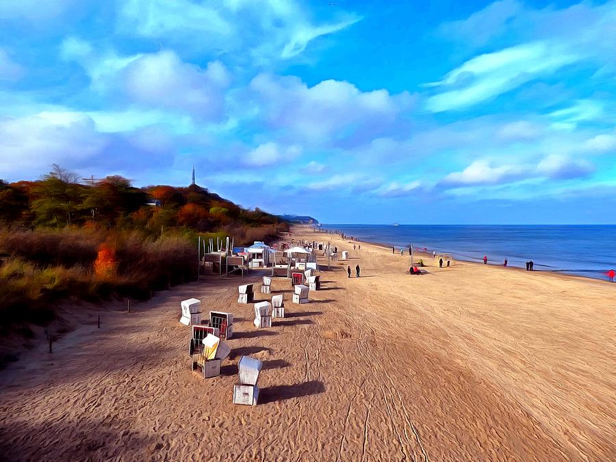 White wicker beach chairs on golden sand Digital Art by Ralph Kaehne