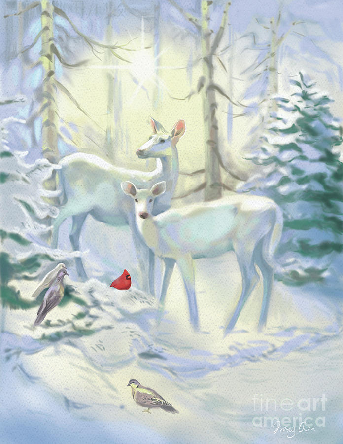 White Winter Deer Painting by Tracy Herrmann