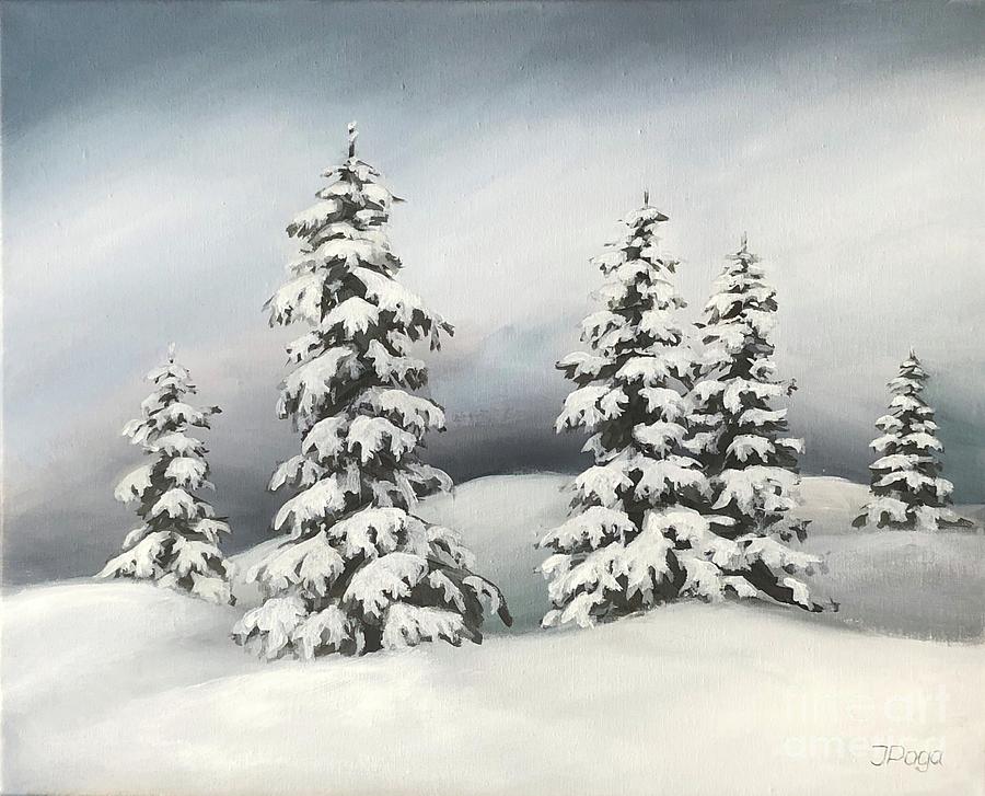 Winter trees under snow blanket Painting by Inese Poga