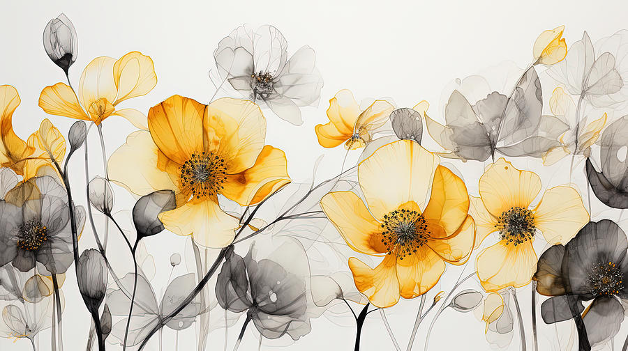 White Yellow and Gray Florals Modern Art Painting by Lourry Legarde White Yellow and Gray Florals Modern Art Painting by Lourry Legarde