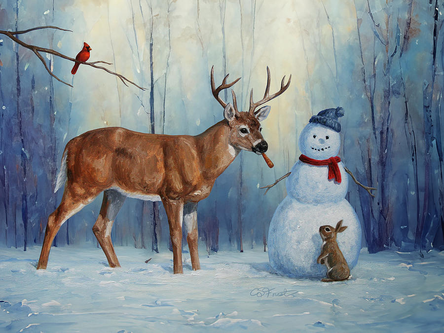 Christmas Painting - Whitetail Deer and Snowman - Whose Carrot? by Crista Forest