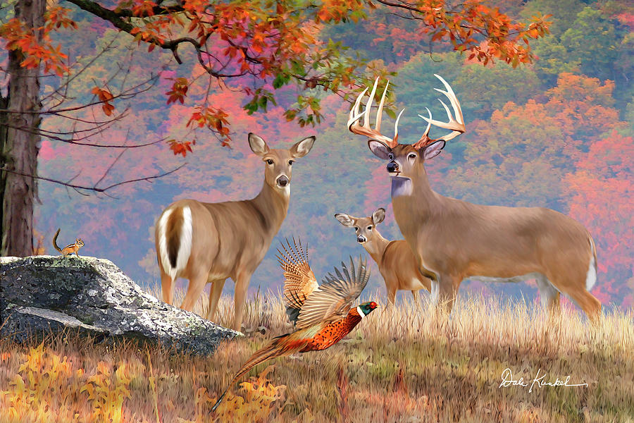 Whitetail Deer Art Print - October Whitetails Painting by Dale Kunkel Art