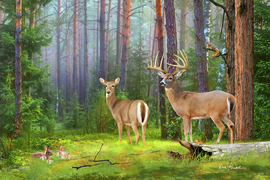 Whitetail Deer Art Print - Wildlife In the Forest Painting by Dale Kunkel Art