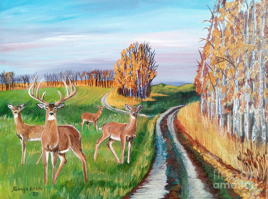 Whitetail Deer Buck Family 4 in Meadow Sonya Allen Painting by Sonya Allen