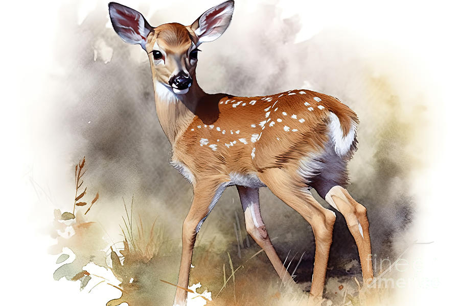 Wildlife Painting - Whitetail Deer Fawn Watercolor by N Akkash