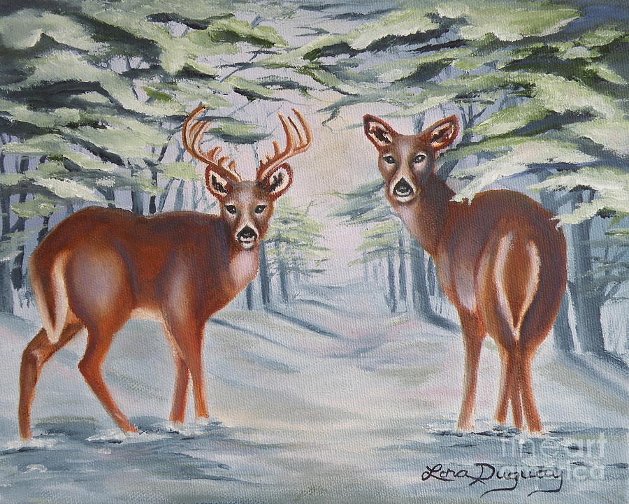 Whitetail Deer in Winter Painting by Lora Duguay