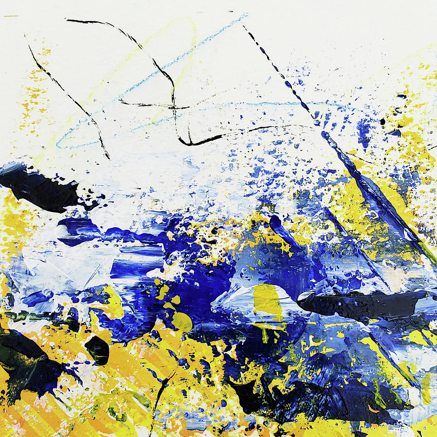 WHITEWATER I Yellow Cobalt Blue White Abstract Painting  Painting by Lynnie Lang