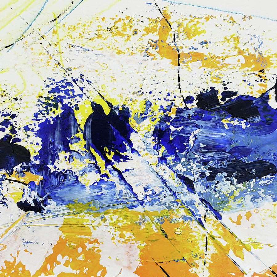 WHITEWATER II Yellow Cobalt Blue White Abstract Painting  Painting by Lynnie Lang