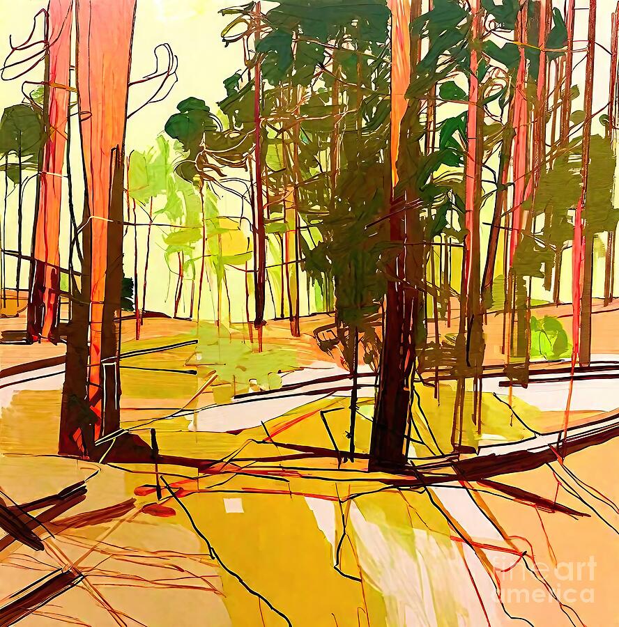 Abstract Painting - Whitewater Lake 20226 Painting Wisconsin Forest Pines Pine Woods orange green woods abstract acrylic art artwork blue bright card collection colour creativity decorative design drawing forest by N Akkash