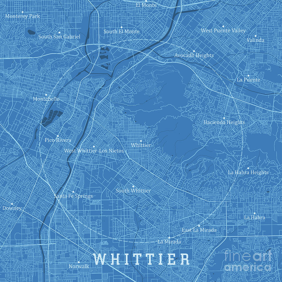 Whittier CA City Vector Road Map Blue Text Digital Art by Frank ...