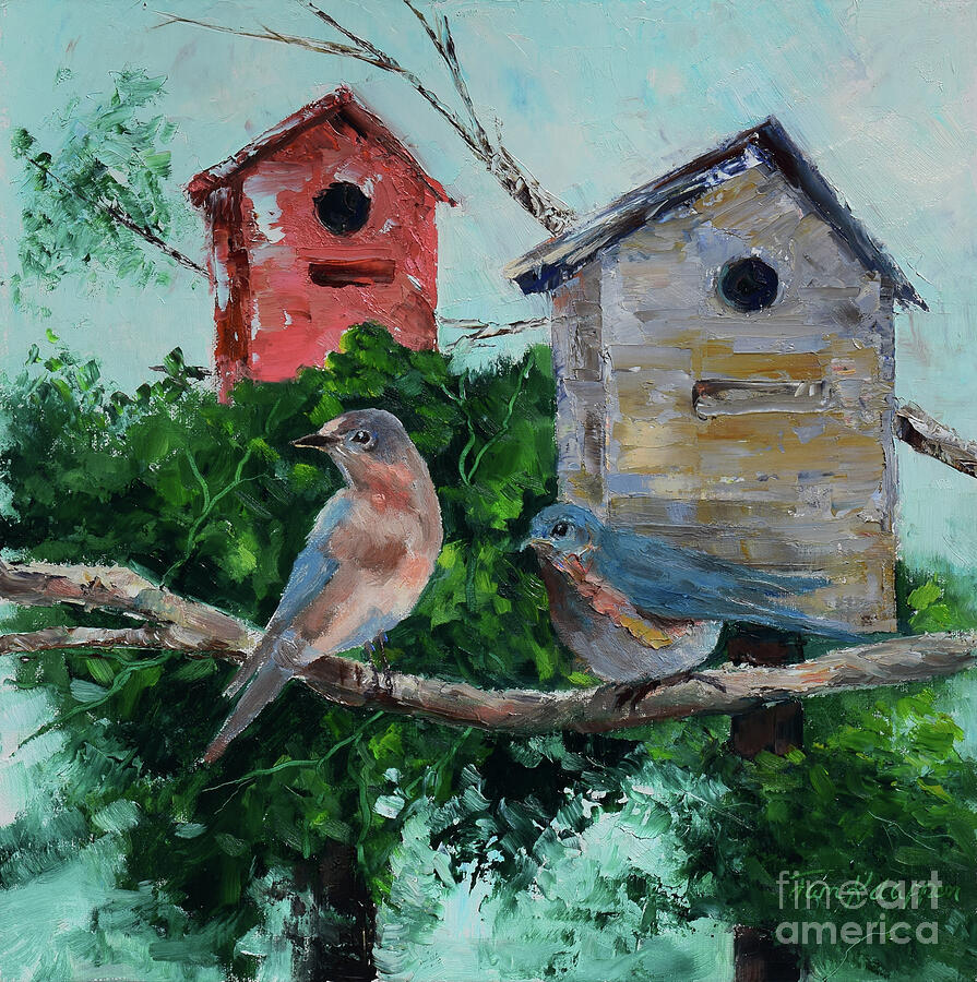 Who is the Fairist Now - Blue Bird Couple Painting by Jan Dappen Who is the Fairist Now - Blue Bird Couple Painting by Jan Dappen