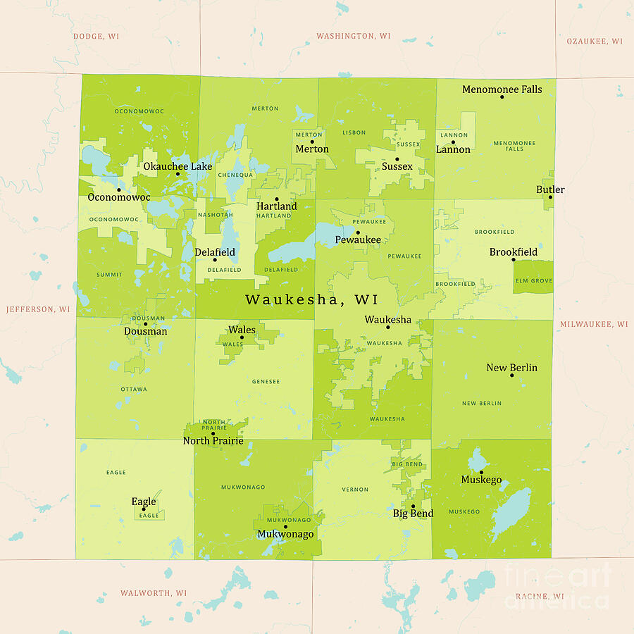 Eagle Digital Art - WI Waukesha County Vector Map Green by Frank Ramspott