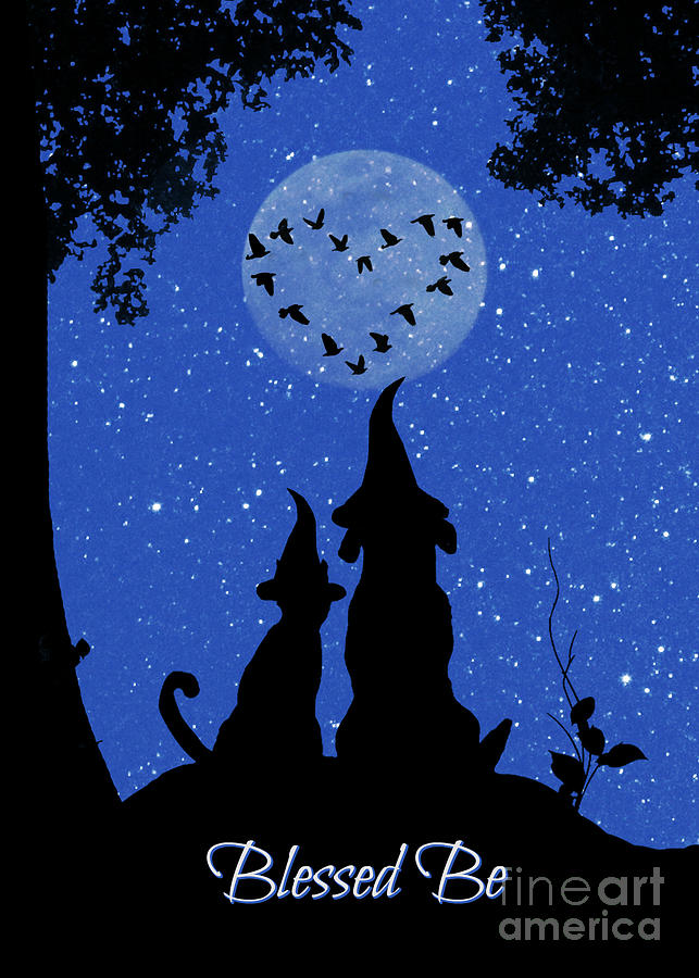 Wicca Inspired Cute Card of Cat Dog with Witch Hats with Birds and A Moon Photograph by Stephanie Laird