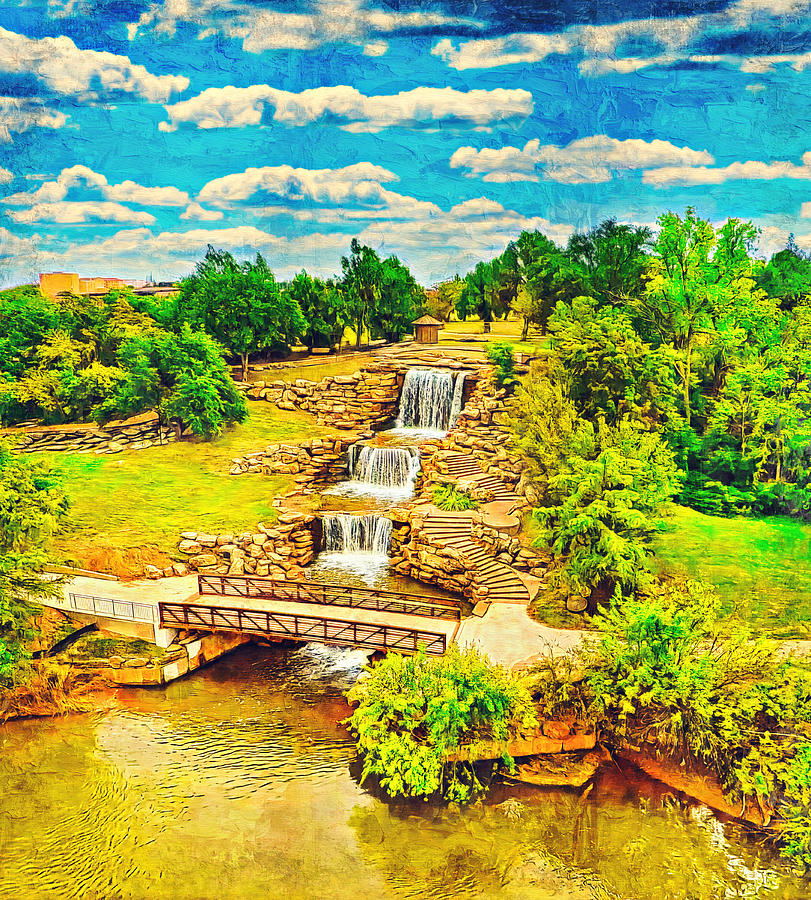 Wichita artificial waterfall in Wichita Falls, Texas - digital painting Digital Art by Nicko Prints