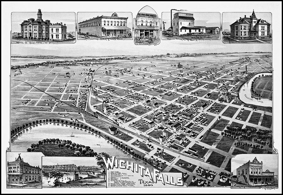 Wichita Falls Texas Vintage Map Birds Eye View 1890 Black and White Photograph by Carol Japp