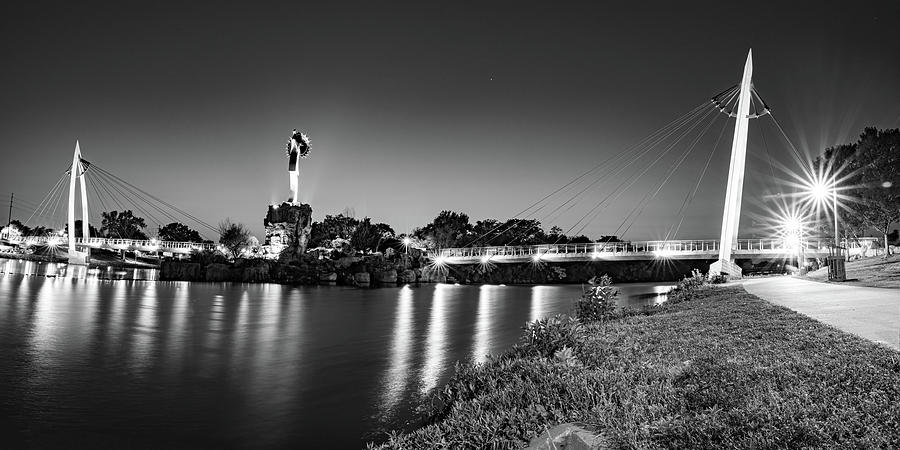 Black And White Photograph - Wichita Kansas Keeper of The Plains and Bridge Black and White Panorama by Gregory Ballos