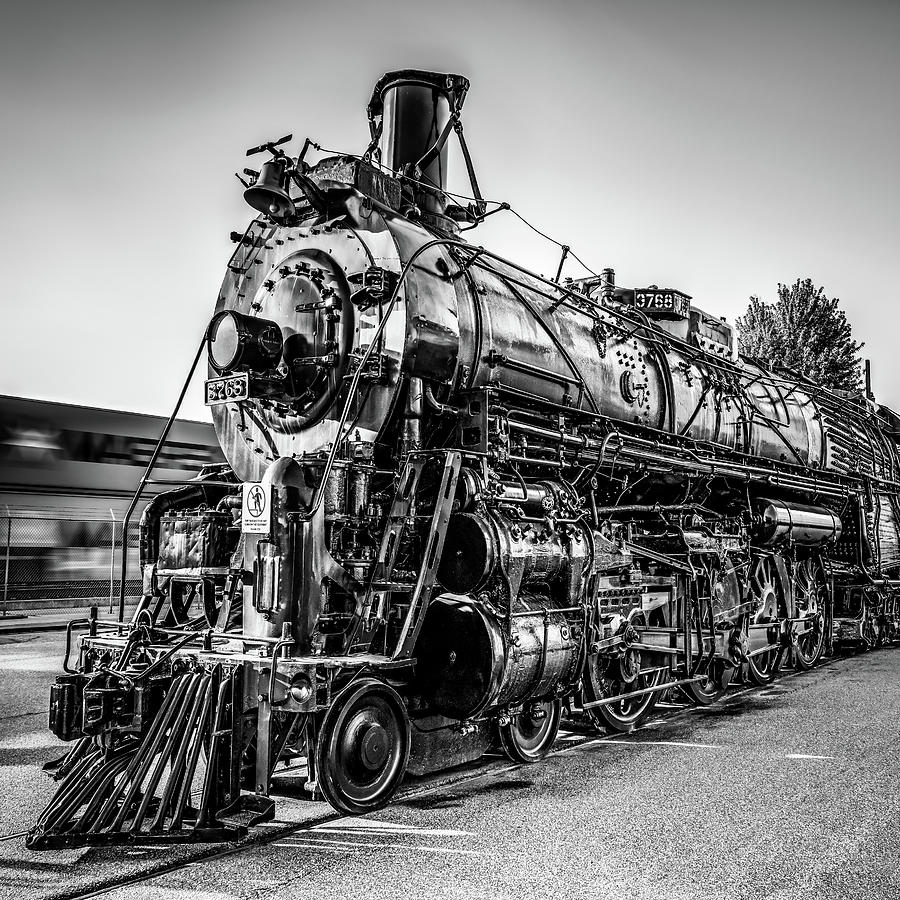 Black And White Photograph - Wichita Kansas Train Station Locomotive in Black and White by Gregory Ballos