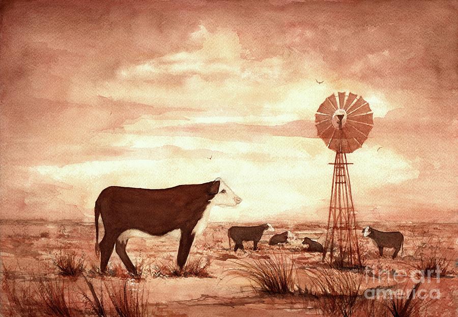 Wichita Skies - Cows on a Prairie Painting by Janine Riley