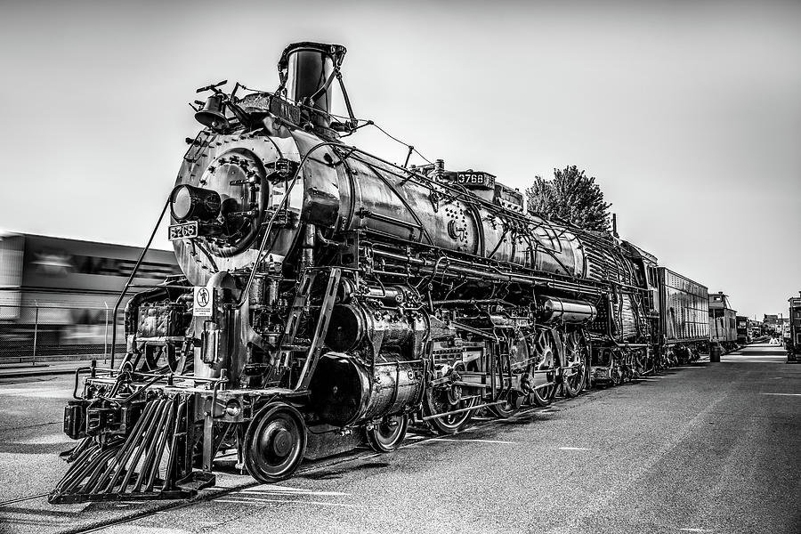 Black And White Photograph - Wichita Union Station Locomotive Train in Black and White by Gregory Ballos